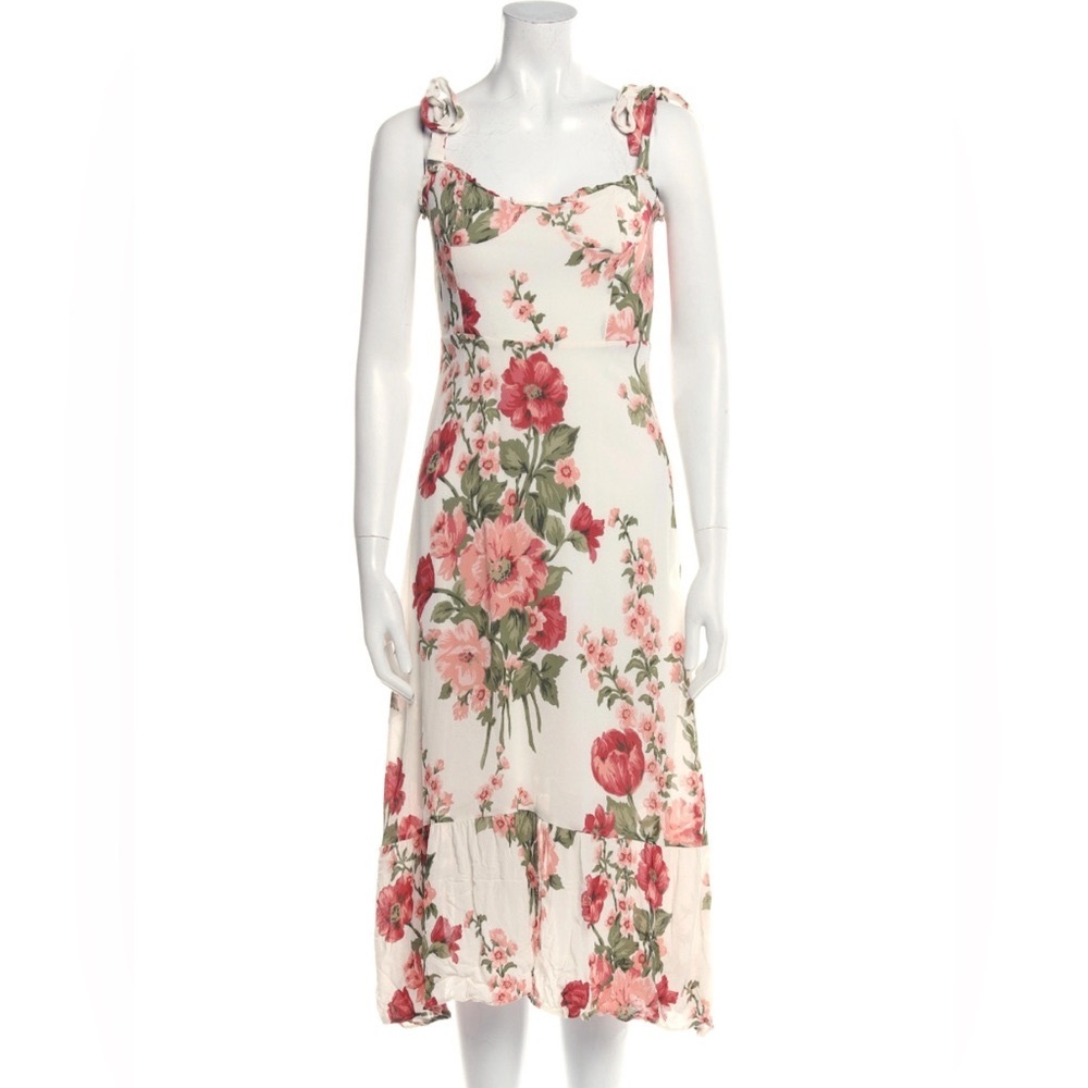 Reformation White Floral Midi Dress with Pink & Green Print